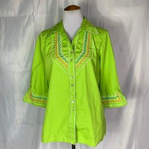 Euc Bob Mackie wearable art green collared shirt m